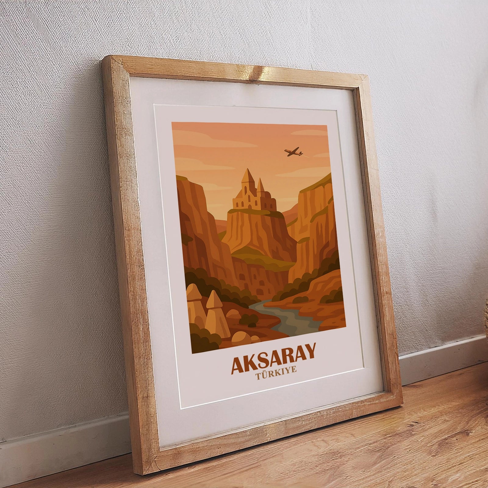 Aksaray Poster – Retrodesign mit Ihlara-Schlucht und städtischer Landschaft