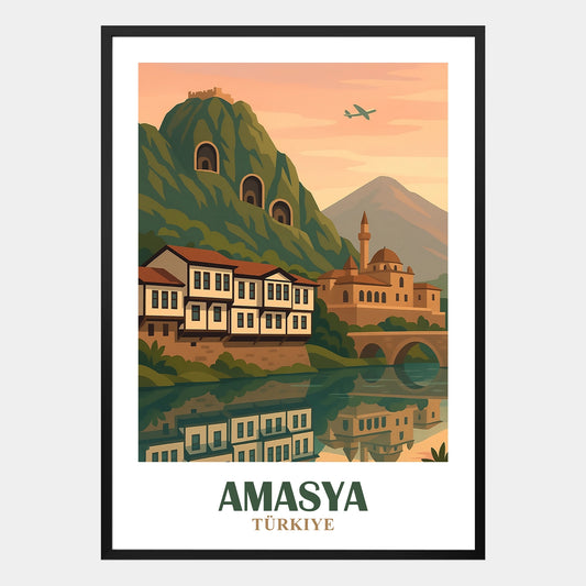 Amasya Poster – Retrodesign mit Yesilirmak-Fluss und historischen Häusern