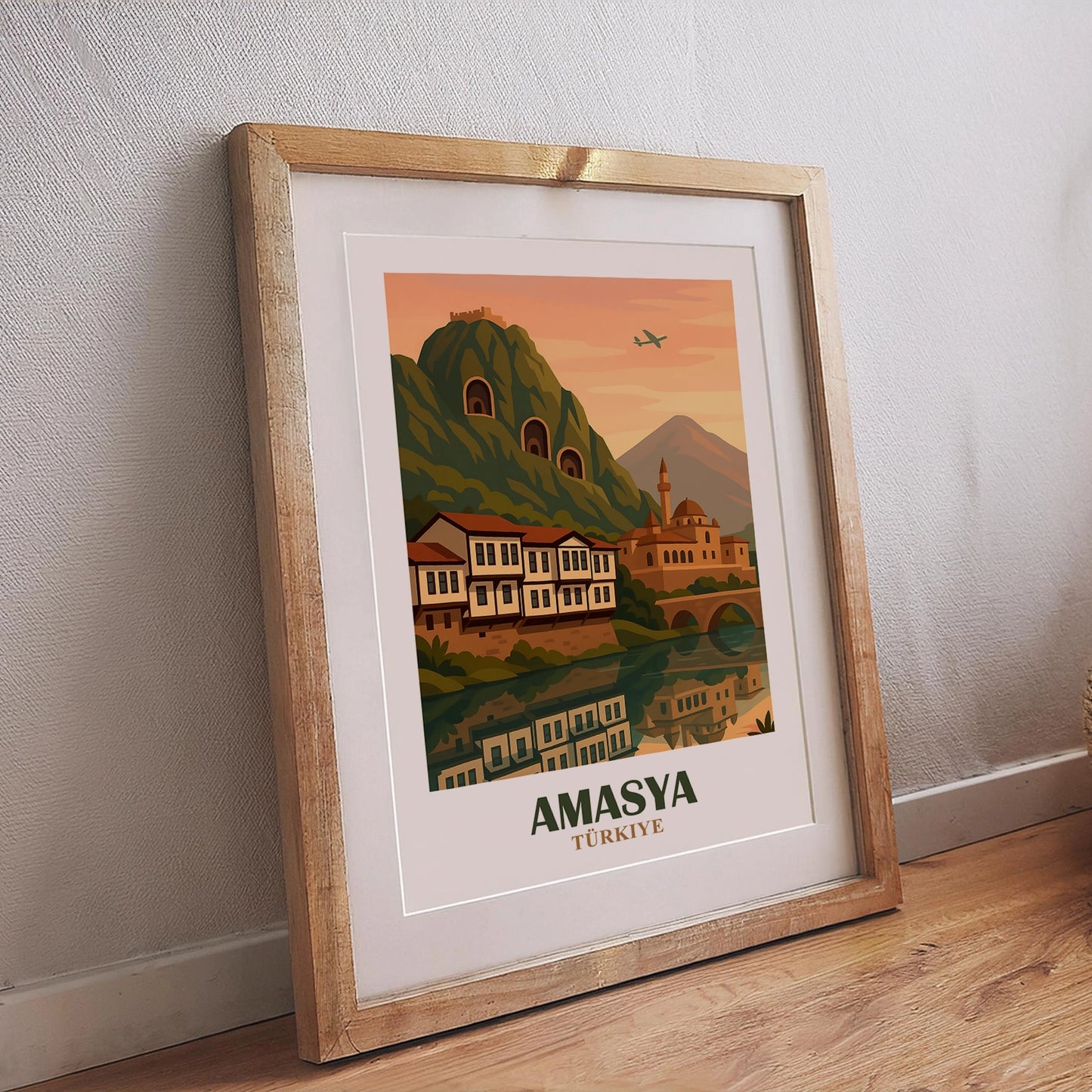 Amasya Poster – Illustration im Retrodesign mit Flusslandschaft und osmanischer Architektur