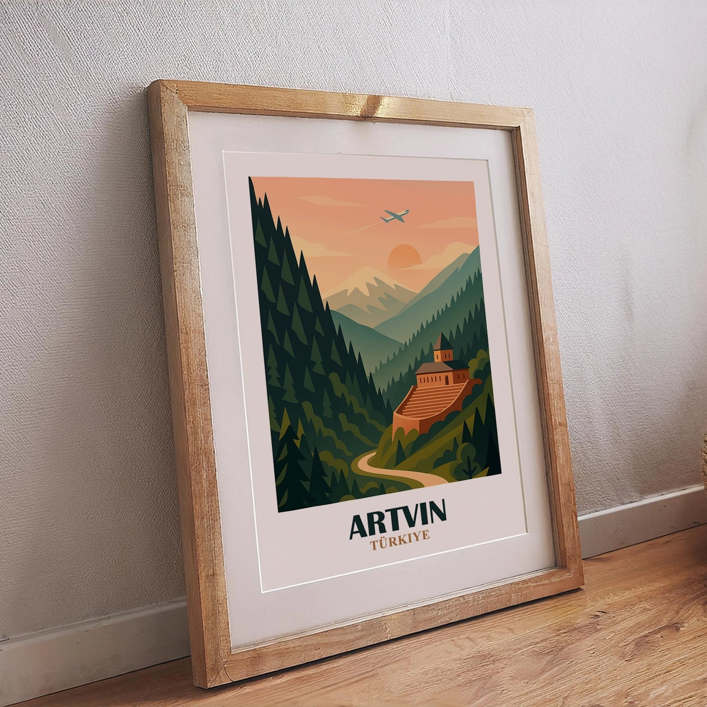 Artvin Poster – Retrodesign mit farbenfrohem Bergpanorama und nostalgischem Flair
