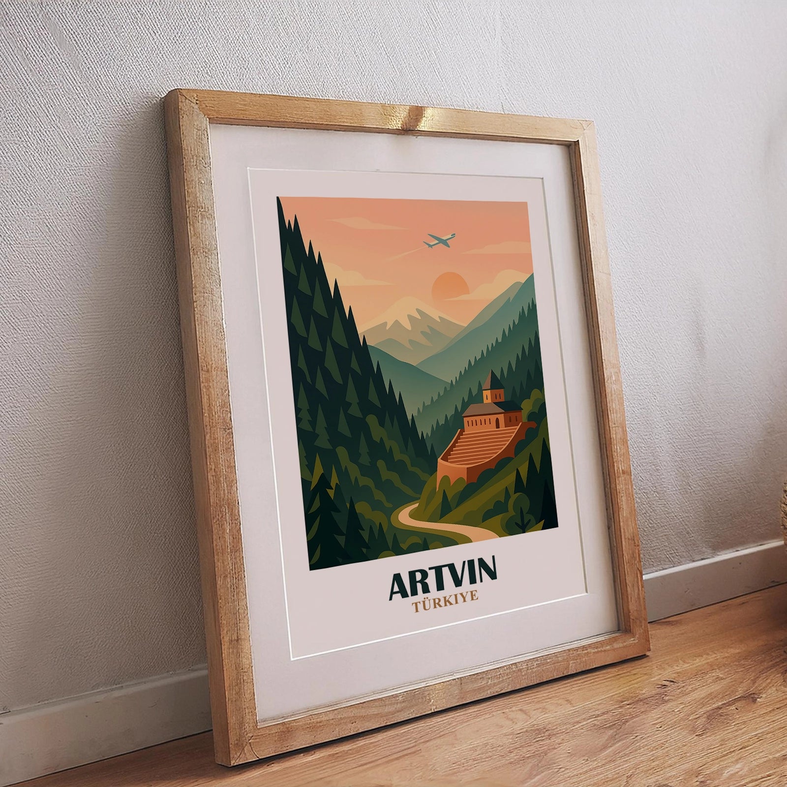 Artvin Poster – Retrodesign mit farbenfrohem Bergpanorama und nostalgischem Flair