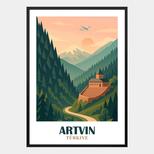 Artvin Poster – Retrodesign mit Berglandschaft und lebendigen Farben
