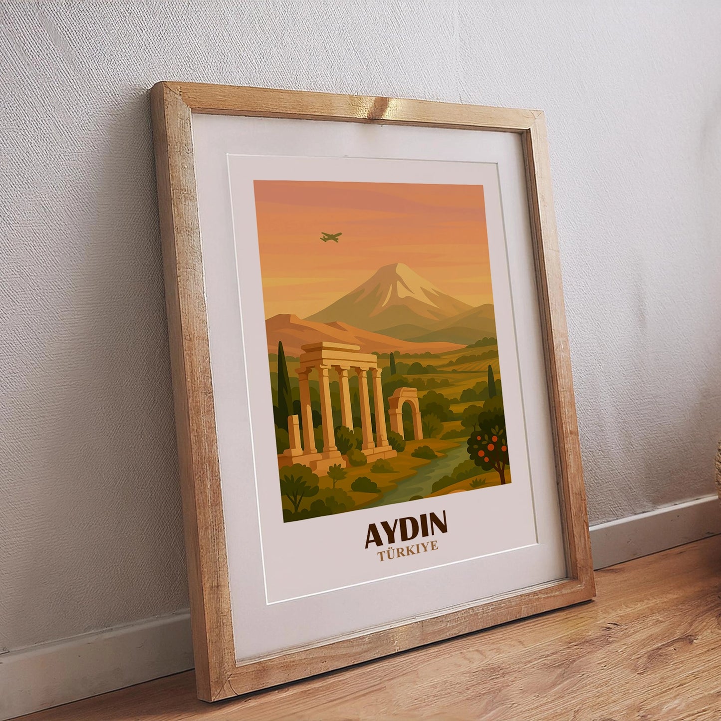 Aydin Poster – Stadtillustration im Retro-Stil mit mediterraner Farbgebung und traditioneller Architektur