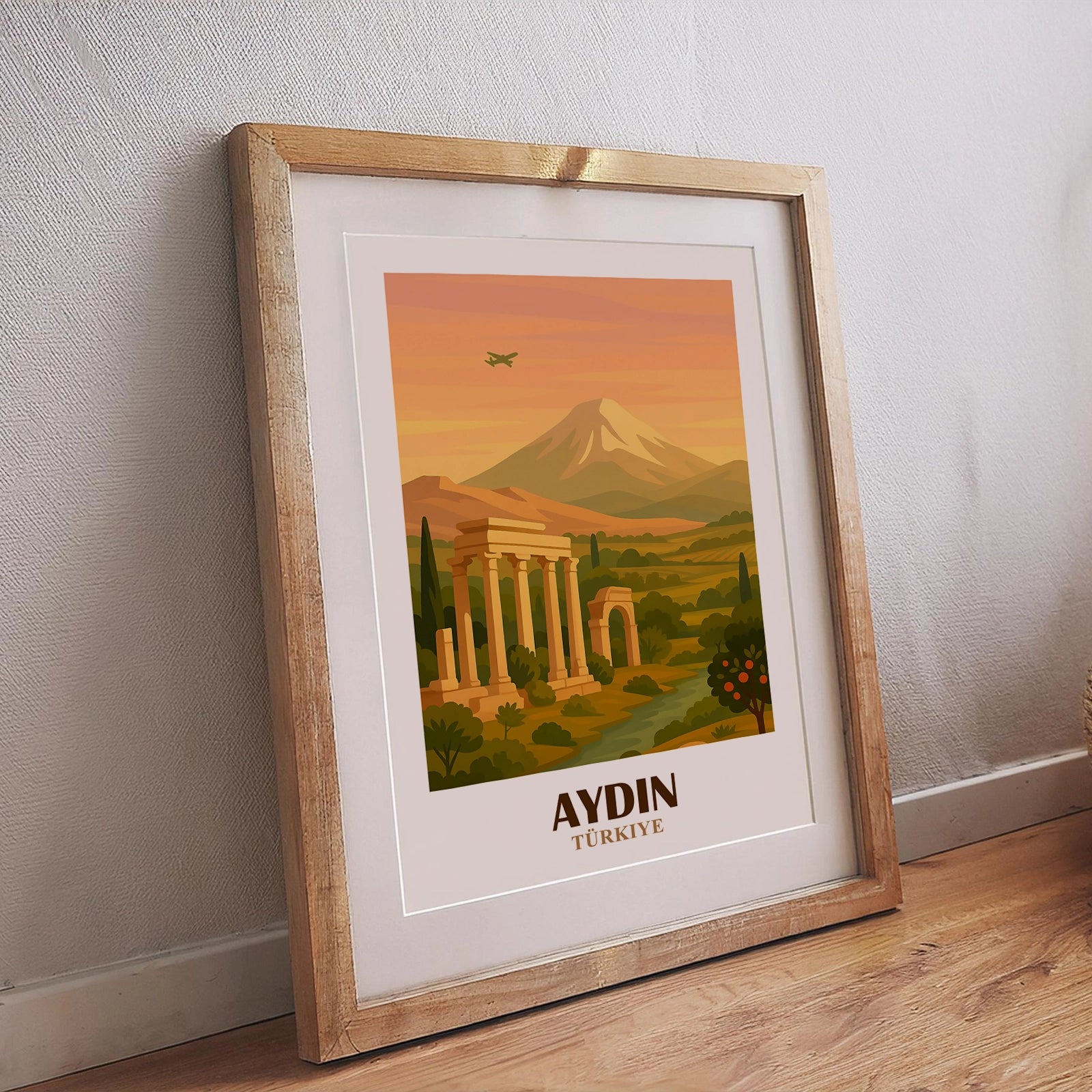 Aydin Poster – Stadtillustration im Retro-Stil mit mediterraner Farbgebung und traditioneller Architektur