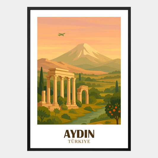 Aydin Poster – Retro-Stadtillustration mit stilisierter Architektur und mediterranen Farben