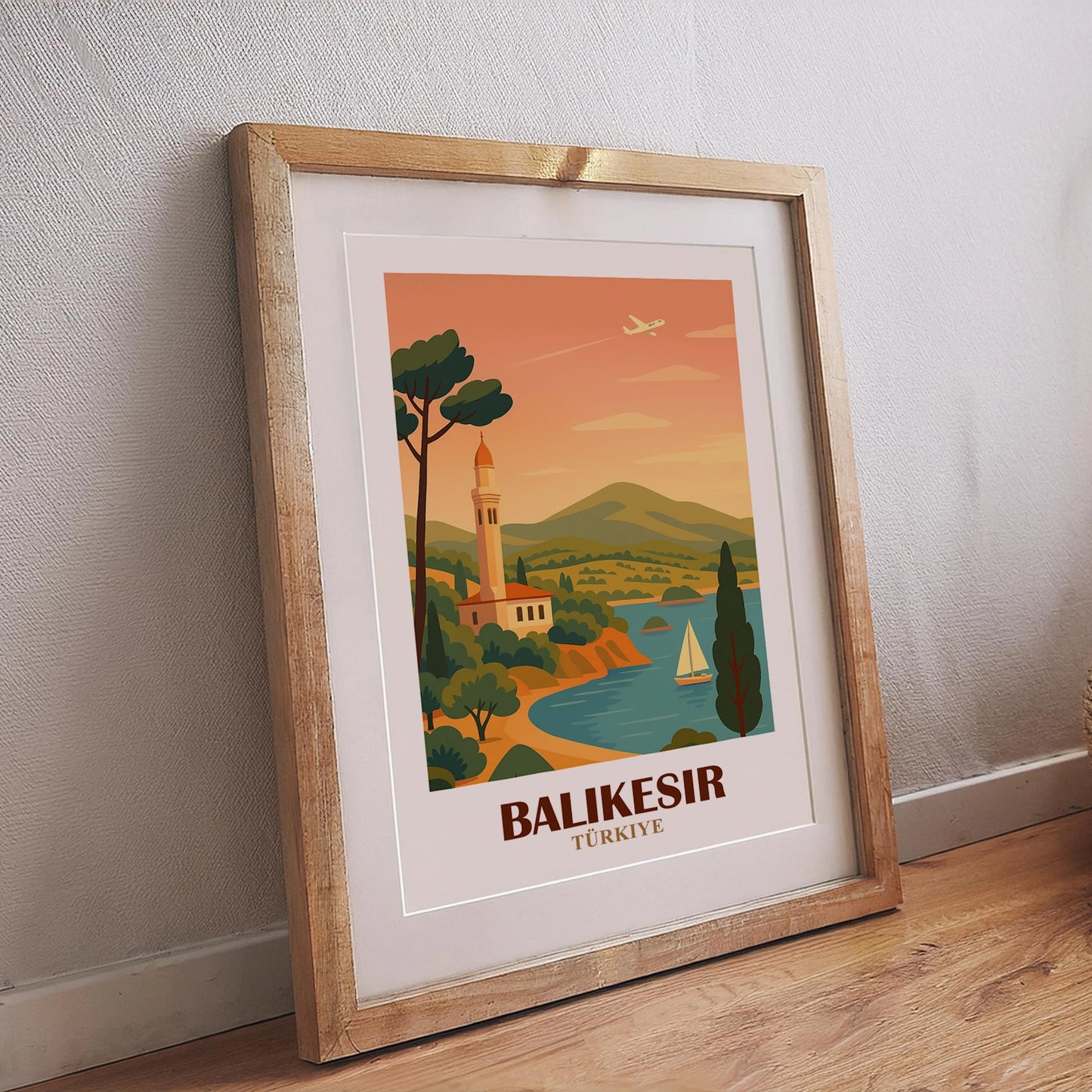 Balikesir Poster – Retrodesign mit Küstenlandschaft und stilisierten Naturmotiven für moderne Wandgestaltung