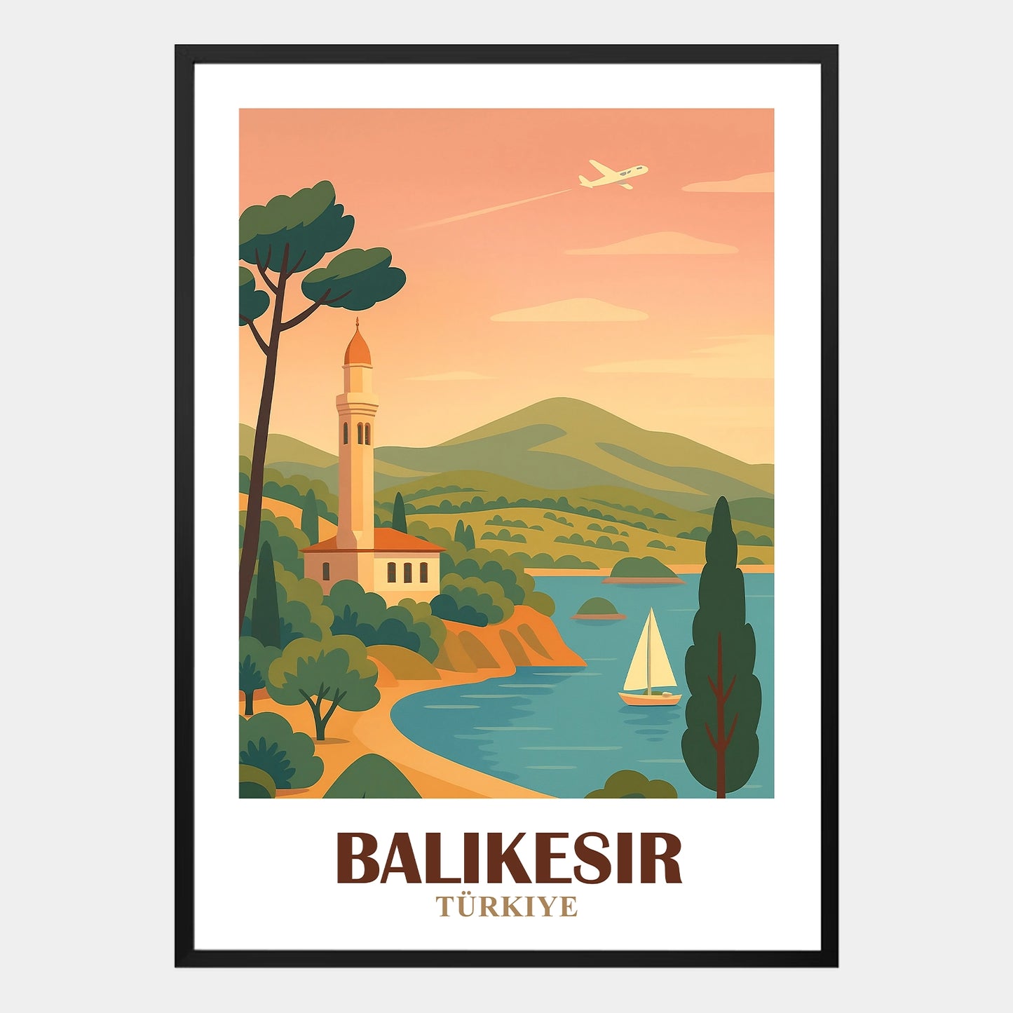 Balikesir Poster – Retro-Stadtposter mit Küstenillustration und Naturmotiven in nostalgischer Farbgebung