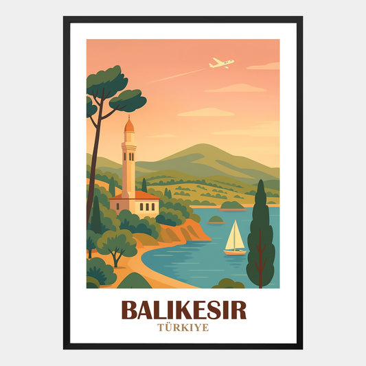 Balikesir Poster – Retro-Stadtposter mit Küstenillustration und Naturmotiven in nostalgischer Farbgebung