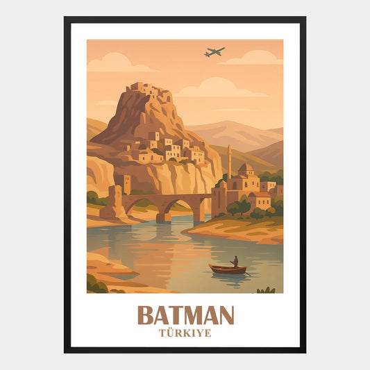 Batman Poster – Retrodesign mit Hasankeyf-Illustration und natürlicher Landschaft für stilvolle Wanddekoration