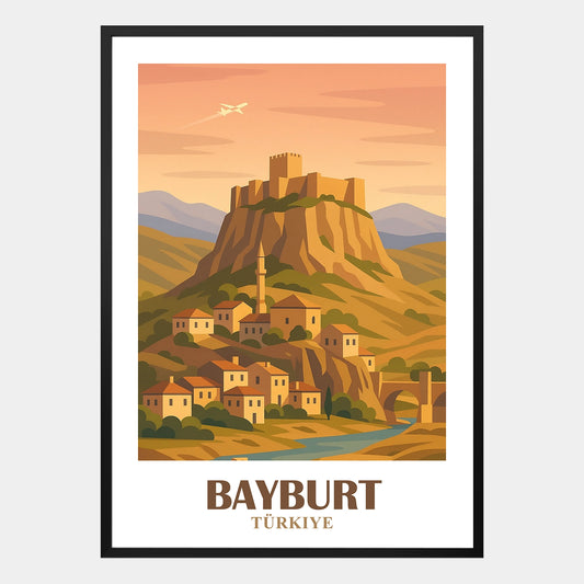 Bayburt Poster – Retrodesign mit historischer Festung und natürlicher Berglandschaft