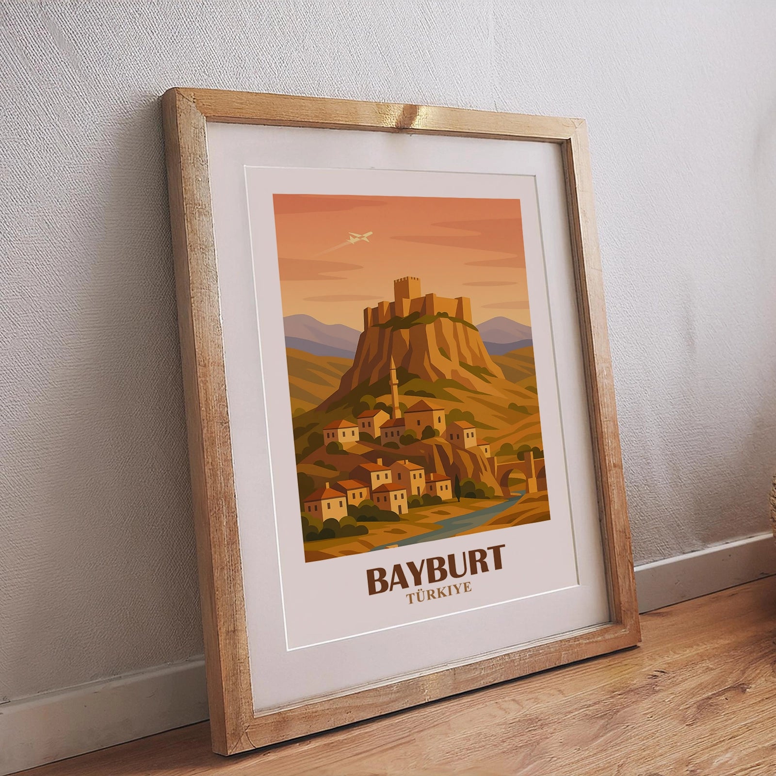 Bayburt Poster – Illustration im Retro-Stil mit Bergkulisse und traditioneller Festungsdarstellung