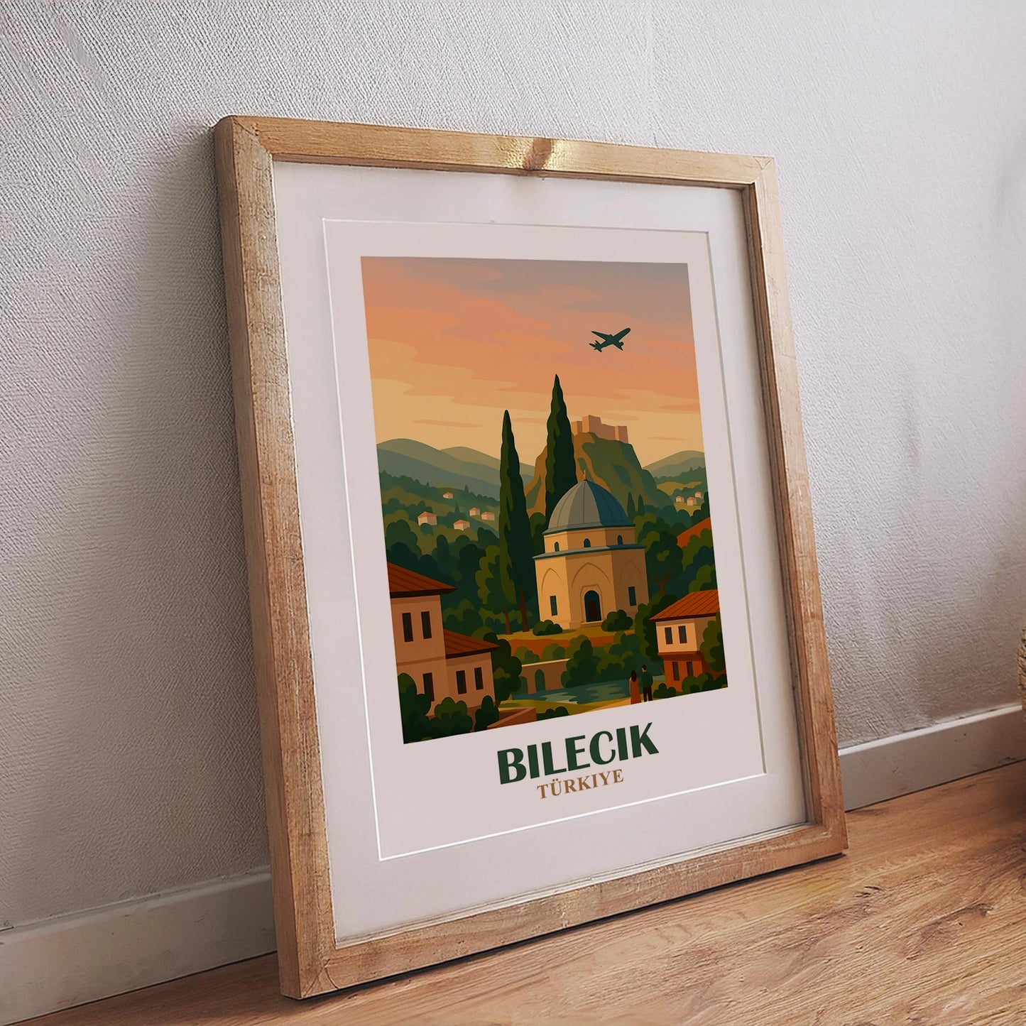 Bilecik Poster – Retro-Stadtmotiv mit traditioneller osmanischer Architektur und ruhiger Farbgestaltung