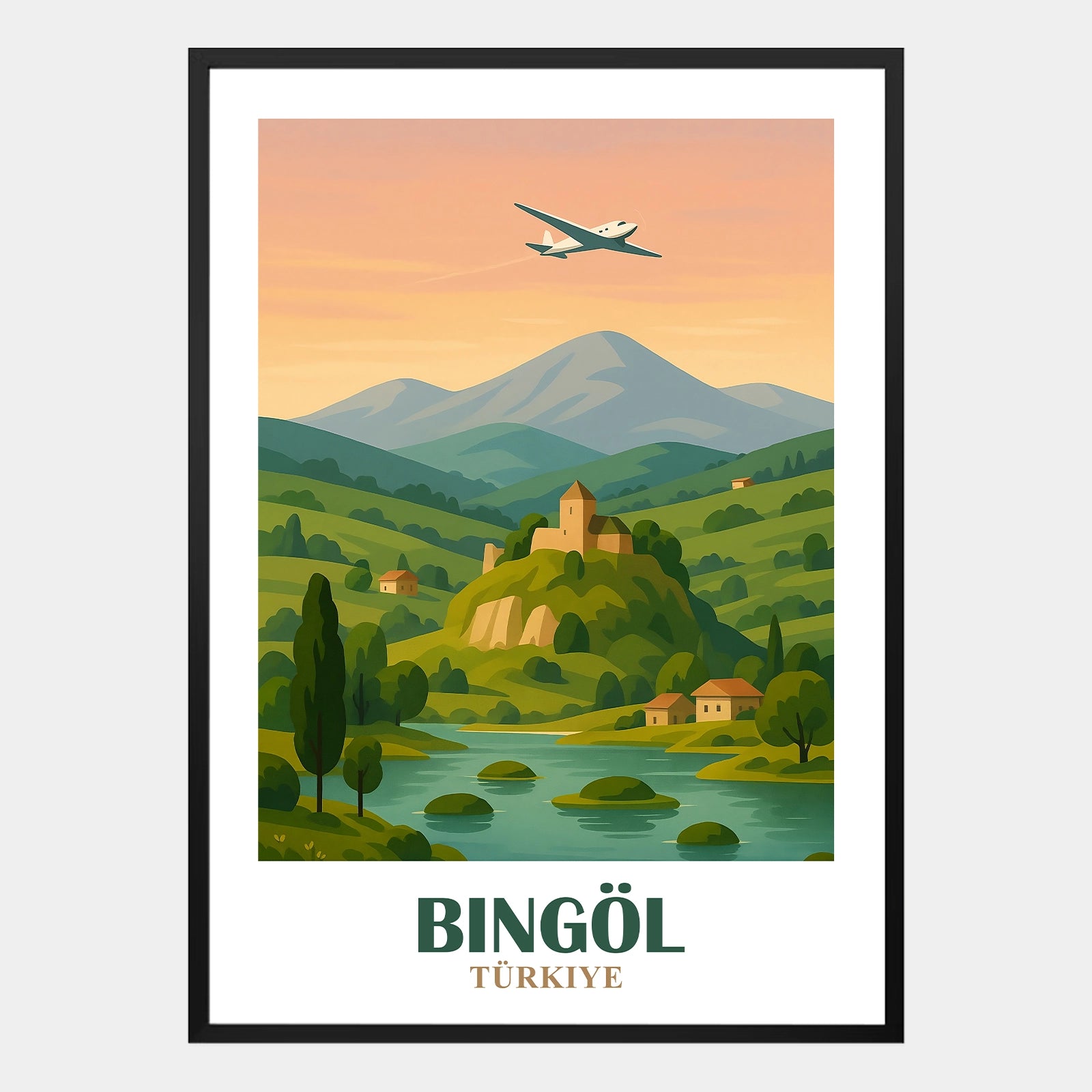 Bingoel Poster – Retro-Landschaftsillustration mit anatolischem Flair und harmonischen Naturtönen