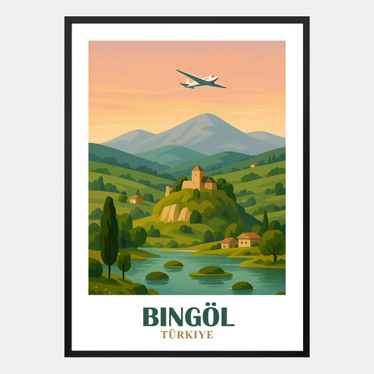 Bingoel Poster – Retro-Landschaftsillustration mit anatolischem Flair und harmonischen Naturtönen
