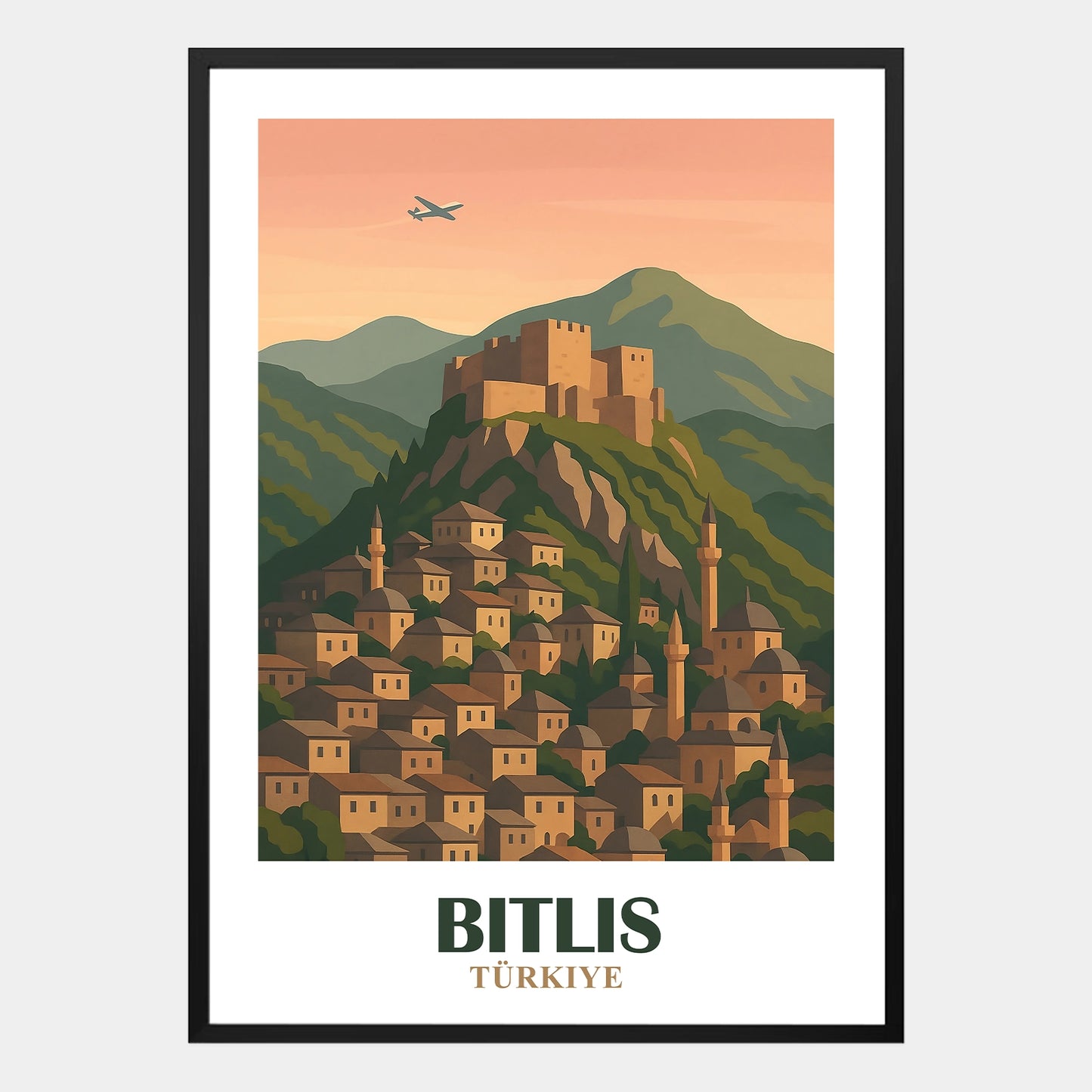 Bitlis Poster – Retro-Stadtposter mit Bergen, Festung und historischen Elementen der Osttürkei