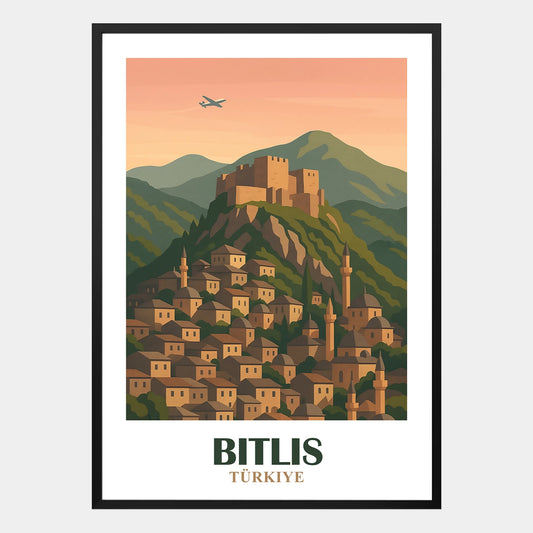 Bitlis Poster – Retro-Stadtposter mit Bergen, Festung und historischen Elementen der Osttürkei