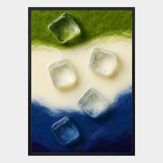 Modernes Food-Poster mit Matcha, Milch und Blaubeere in grün-weiß-blauem Farbverlauf, abstrakte Illustration mit Eiswürfeln – dekoratives Wandbild im minimalistischen Stil.