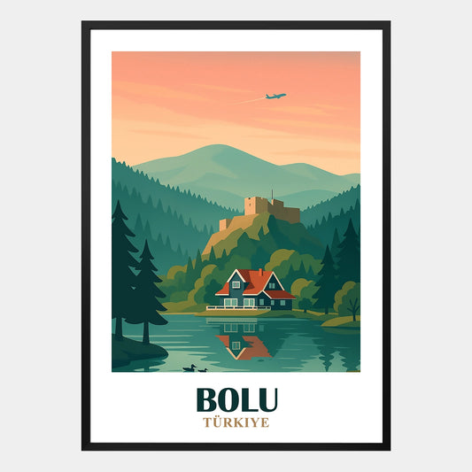 Bolu Poster – Retro-Stadtposter mit idyllischer Wald- und Seenlandschaft im Vintage-Stil, inspiriert von der Natur der türkischen Region Bolu