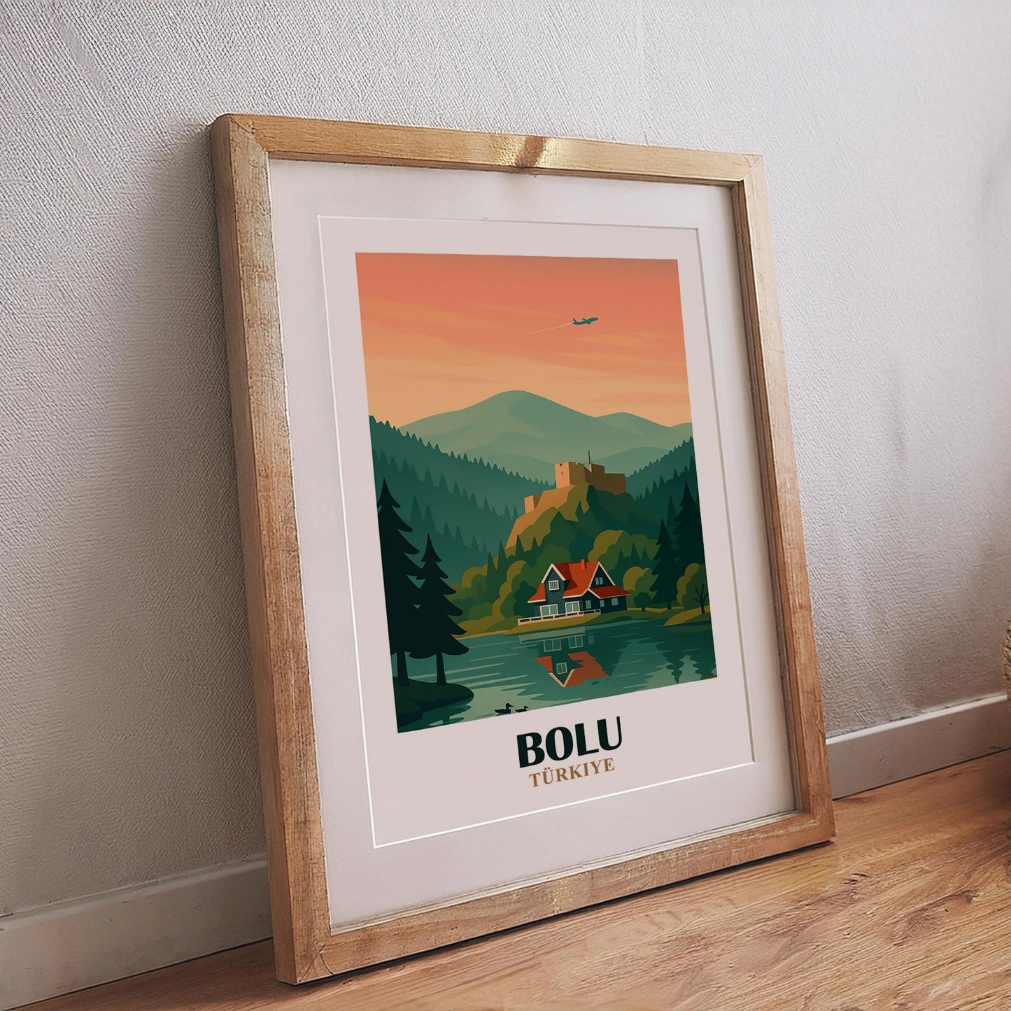 Bolu Poster – Illustration im Retro-Stil mit friedlicher Wald- und Seeszene, ideal für naturverbundene Wanddekoration im Vintage-Design