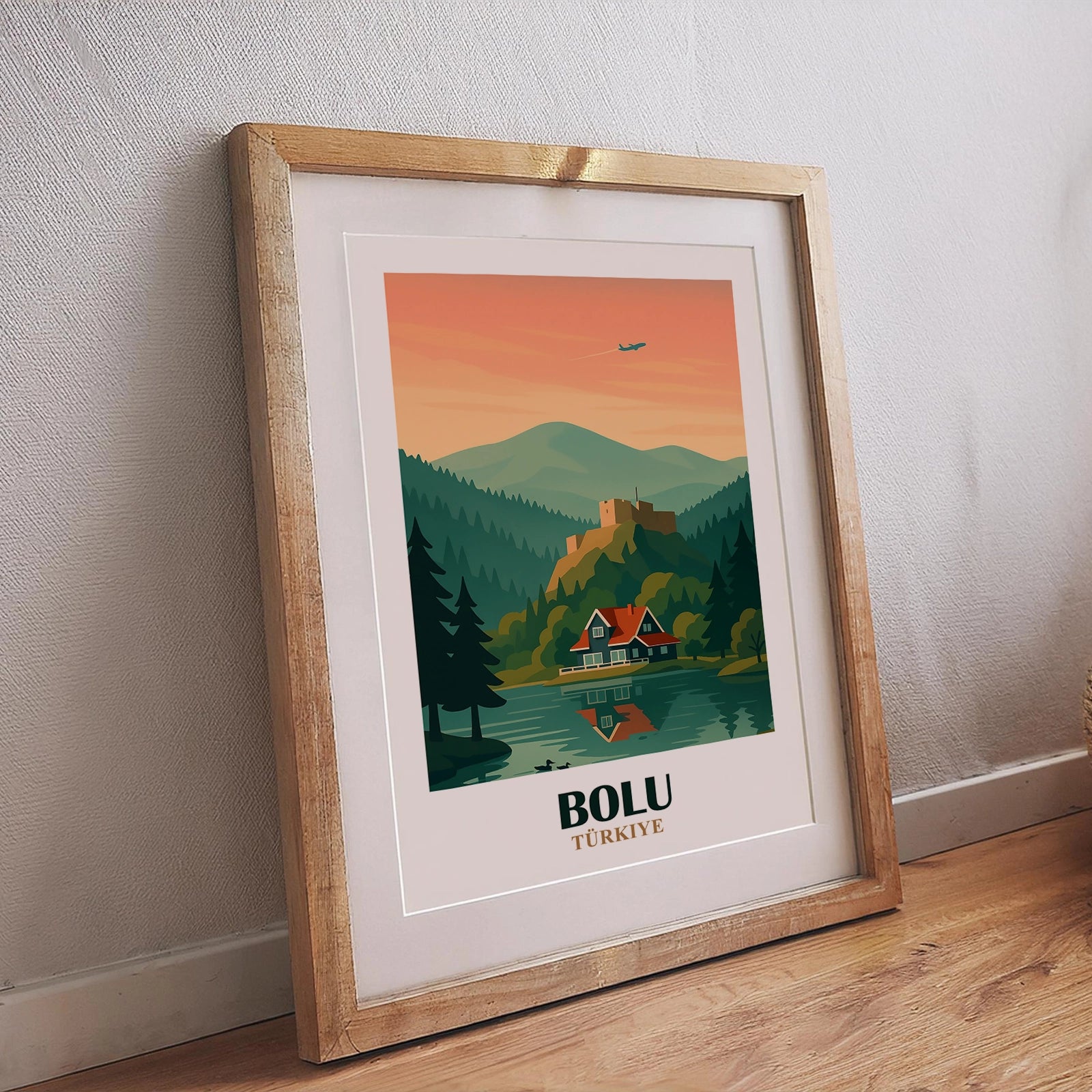 Bolu Poster – Illustration im Retro-Stil mit friedlicher Wald- und Seeszene, ideal für naturverbundene Wanddekoration im Vintage-Design