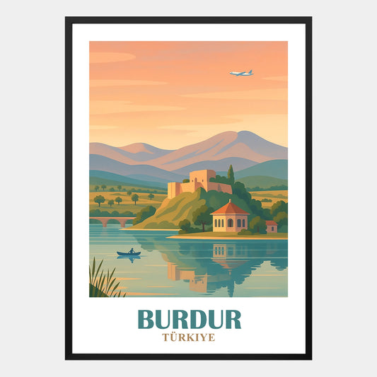 Burdur Poster – Retro-Illustration mit Salda-See, Naturkulisse und traditionellem Flair für stilvolle Wandgestaltung im Vintage-Stil