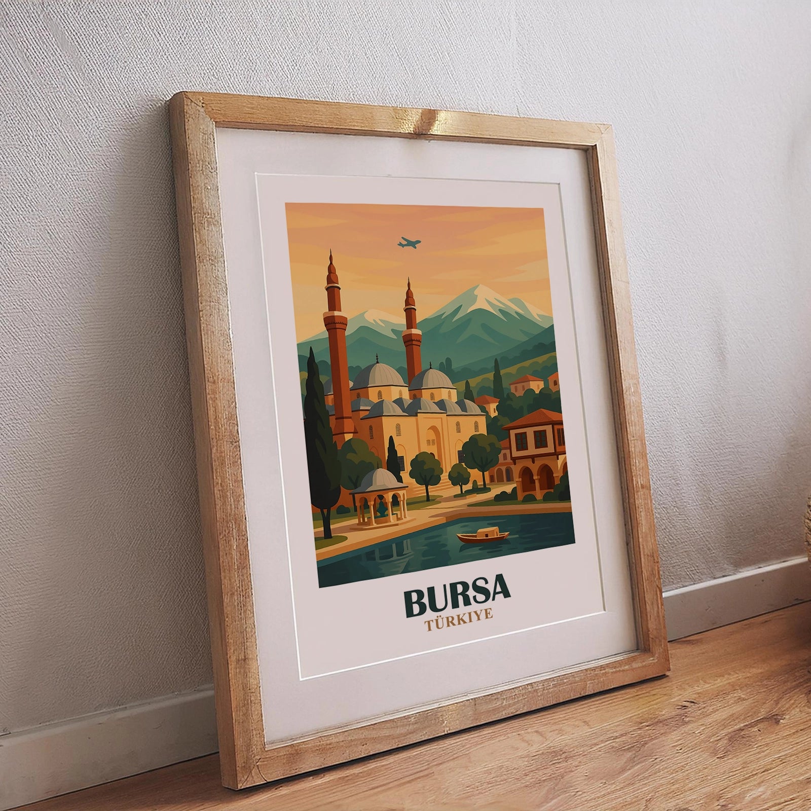 Bursa Poster – Retro-Illustration mit Uludag-Berg und osmanischer Stadtarchitektur für nostalgisches Wanddesign