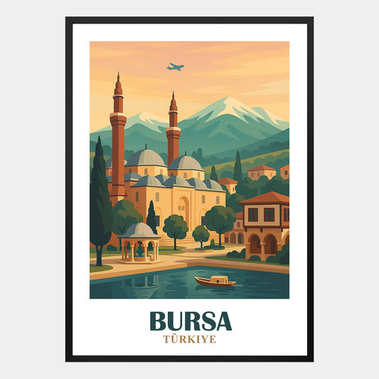 Bursa Poster – Illustration im Retro-Stil mit Uludag-Berg und historischer osmanischer Architektur für stilvolle Wanddekoration