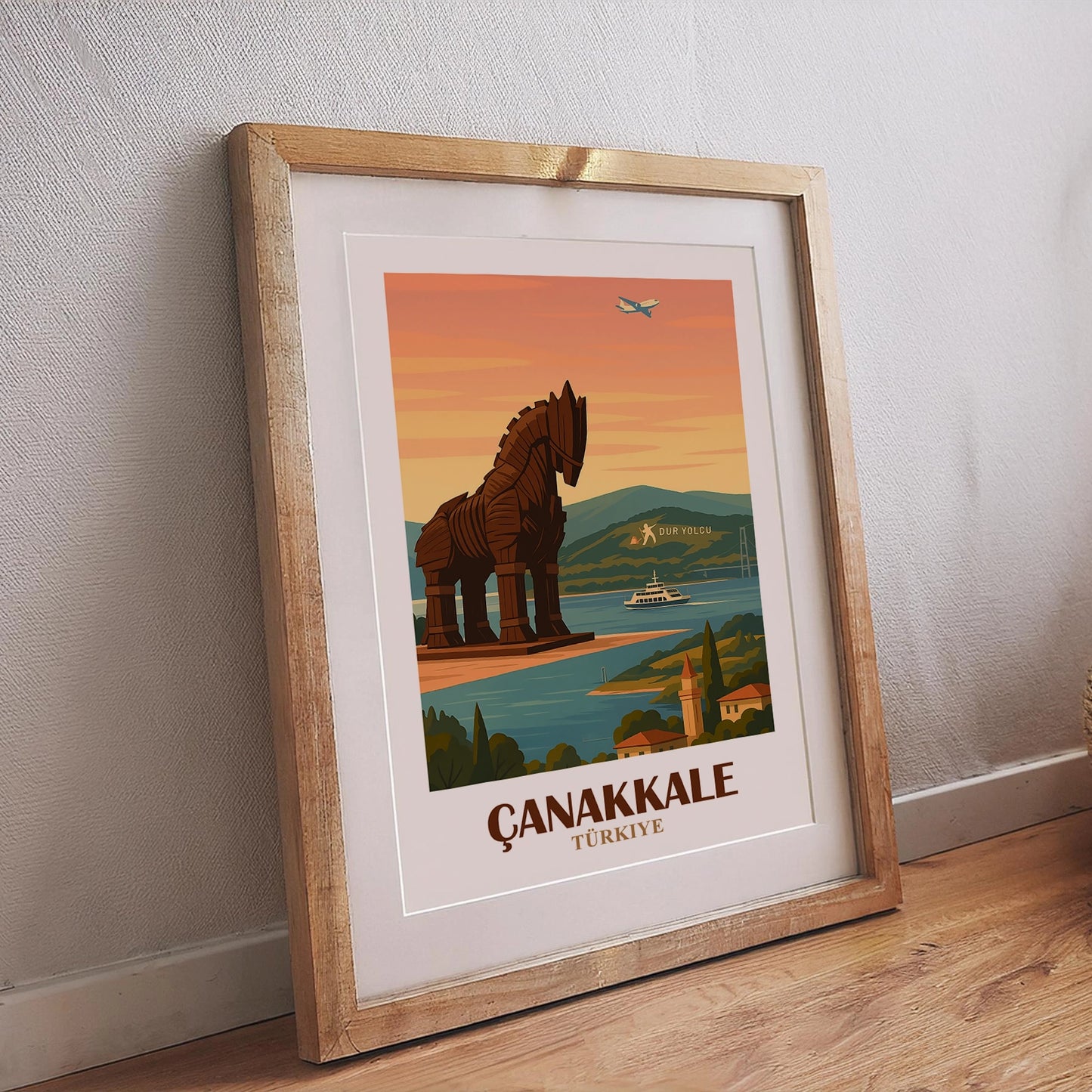 Canakkale Poster – Retro-Design mit Dardanellen und ikonischem Trojanischem Pferd, inspiriert von türkischer Geschichte und Kultur