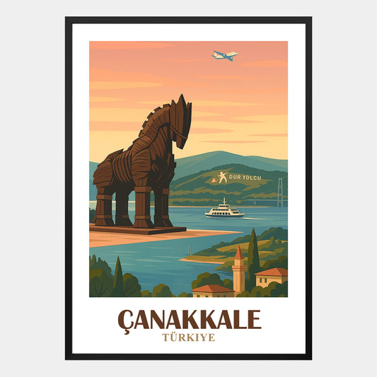 Canakkale Poster – Retro-Stadtposter mit Dardanellen und Trojanischem Pferd im nostalgischen Design für stilvolle Wandgestaltung