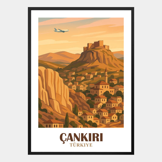 Cankiri Poster – Retro-Stadtansicht mit traditioneller Architektur und anatolischer Landschaft im Vintage-Stil