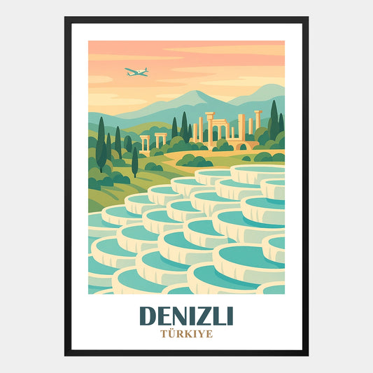 Denizli Poster im Retro-Stil mit Pamukkale-Terrassen und landschaftlicher Umgebung – dekoratives Städteposter im türkischen Vintage-Design