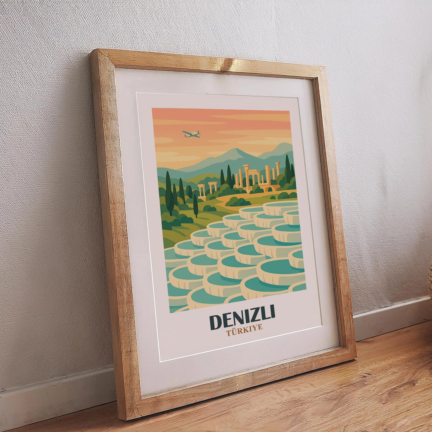 Denizli Poster im Retro-Stil mit ikonischer Pamukkale-Illustration und natürlicher Landschaft – stilvolles Wandbild im türkischen Design