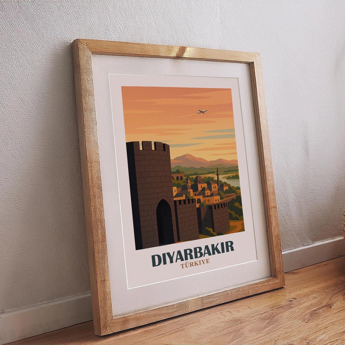 Diyarbakir Poster Sehenswürdigkeiten Türkei, nostalgisches Wandbild mit Festungsmauern und Altstadt bei Sonnenuntergang