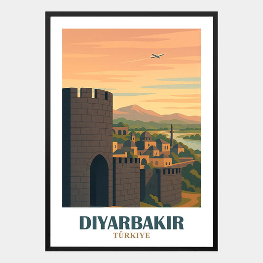 Retro Diyarbakir Poster Türkei mit der historischen Stadtmauer und Skyline im Vintage Reise Design