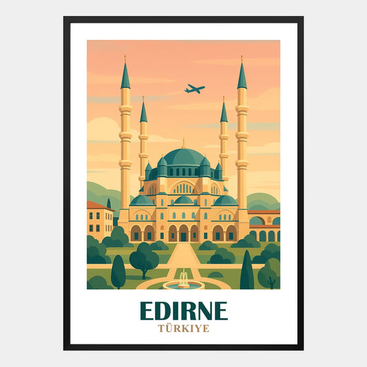 Edirne Poster Türkei mit Selimiye Moschee und Minaretten, stilvolle Wanddekoration im Vintage Reise Design