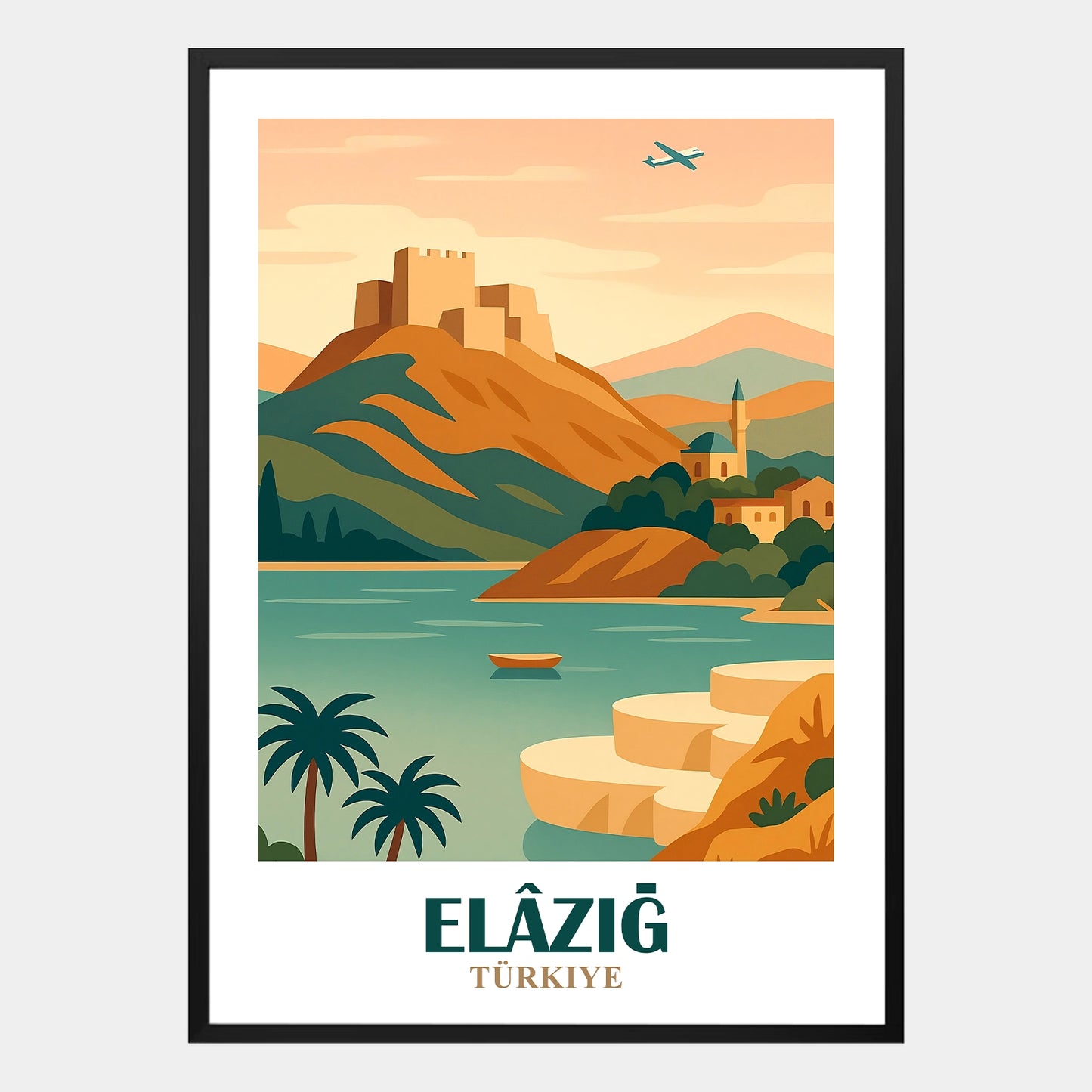 Retro Poster Elazig Türkei mit Burg auf Hügel, See und Palmen, stilvolle Wanddekoration im Vintage Design