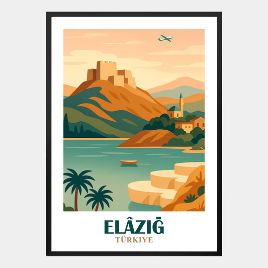 Retro Poster Elazig Türkei mit Burg auf Hügel, See und Palmen, stilvolle Wanddekoration im Vintage Design