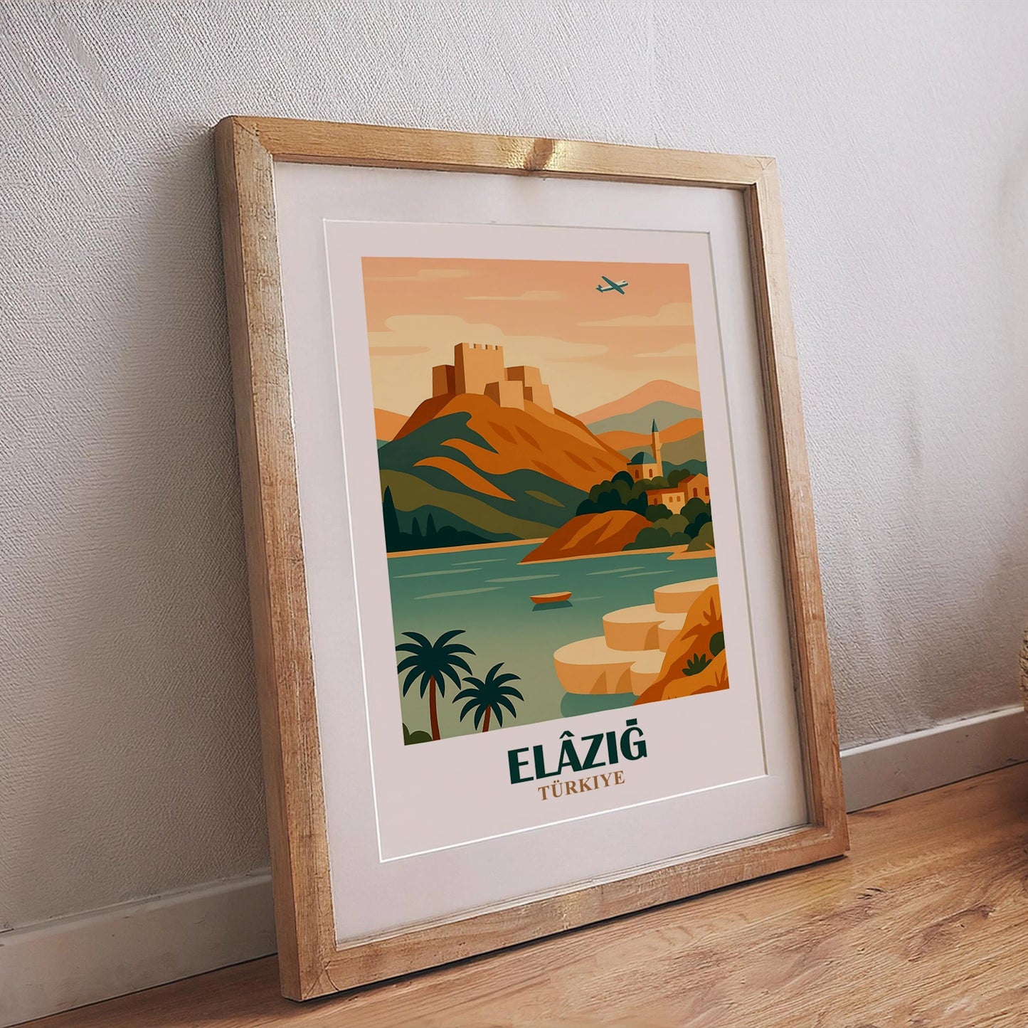 Elazig Poster Landschaft mit Festung, Wasser, mediterranen Pflanzen und Moschee, dekoratives Reiseposter