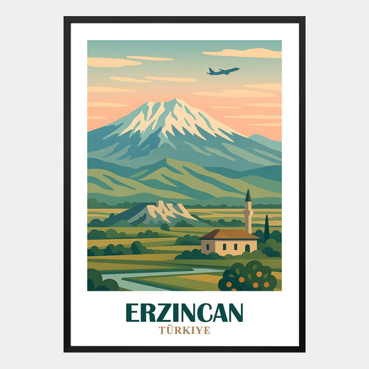 Retro Poster Erzincan Türkei mit verschneitem Berg, Moschee und grüner Landschaft, dekorative Wandkunst im Vintage Stil