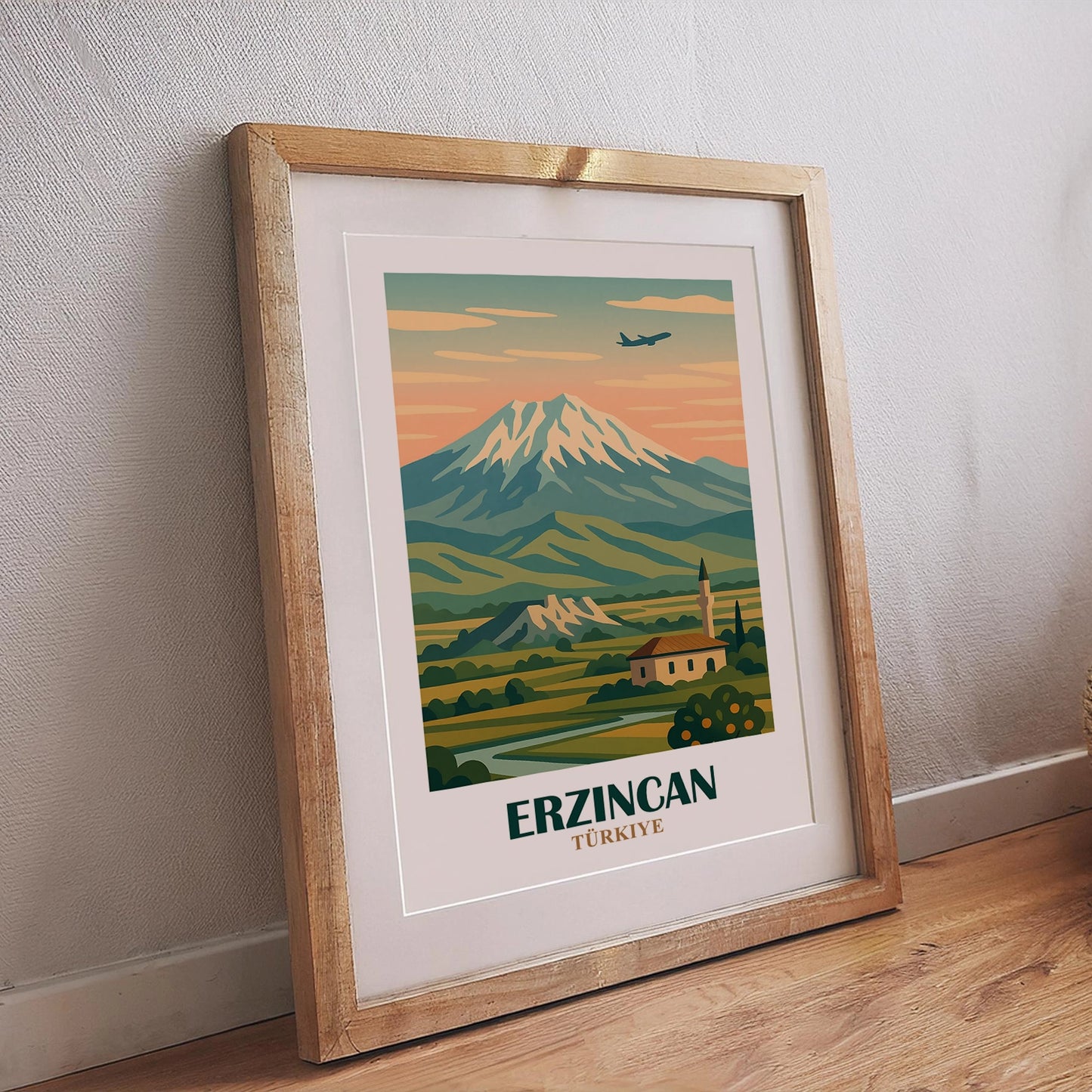 Illustration Erzincan Türkei Landschaft mit Bergen, Tal und traditionellem Gebäude, stilvolles Reiseposter für Wohnzimmer oder Büro