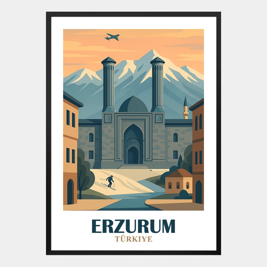 Illustration Erzurum Türkei mit mittelalterlicher Architektur, verschneiten Bergen und Skifahren, dekoratives Poster für Wohnzimmer oder Büro