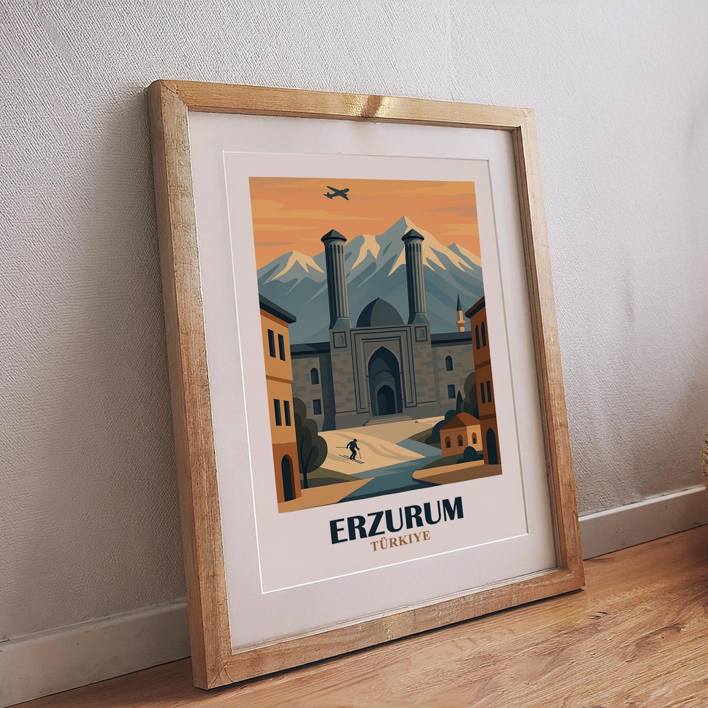 Retro Reise Poster Erzurum Türkei mit historischem Gebäude, Bergen und Skifahrer, stilvolle Wanddekoration im Vintage Design
