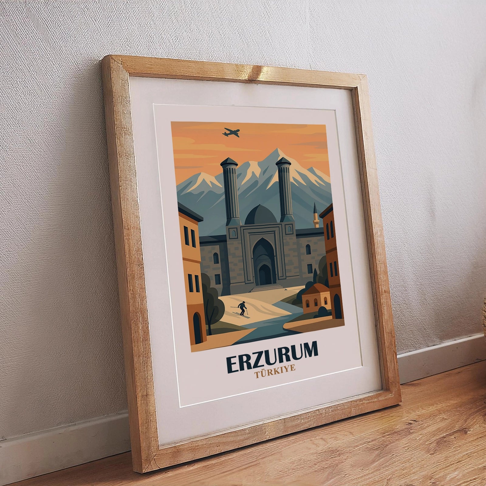 Retro Reise Poster Erzurum Türkei mit historischem Gebäude, Bergen und Skifahrer, stilvolle Wanddekoration im Vintage Design