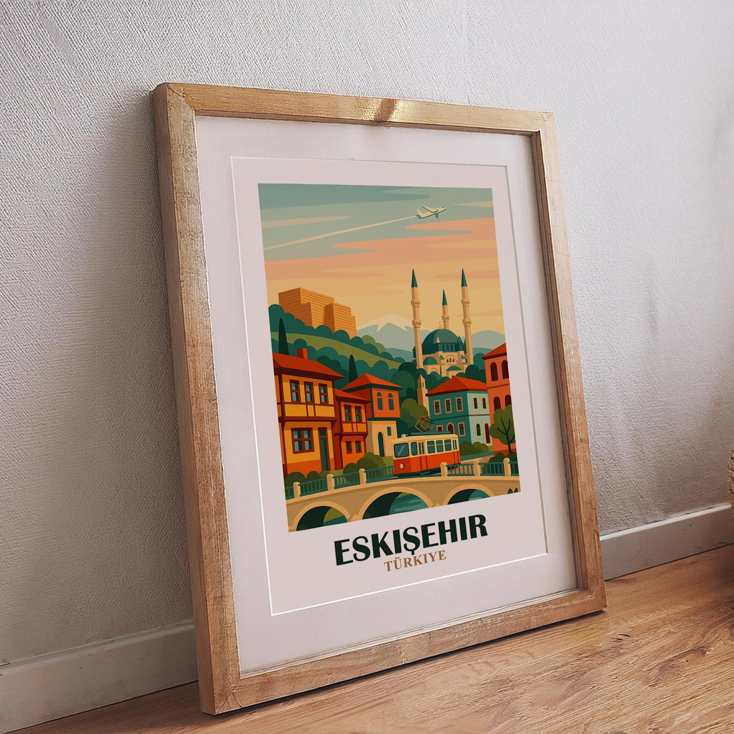 Modernes Eskisehir Wandposter Türkei mit nostalgischer Tram, bunten Häusern, Moschee und Flugzeug am Himmel, stilvoller Kunstdruck