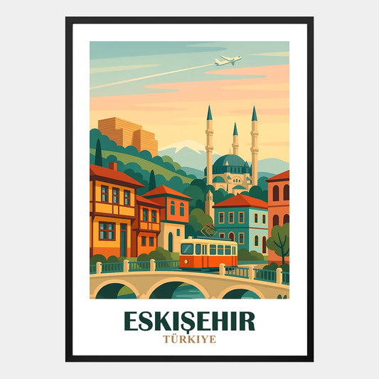 Eskisehir Poster mit traditioneller Altstadt, roter Straßenbahn, grosser Moschee mit Minaretten und Hügeln im Hintergrund, dekoratives Wandbild Türkei