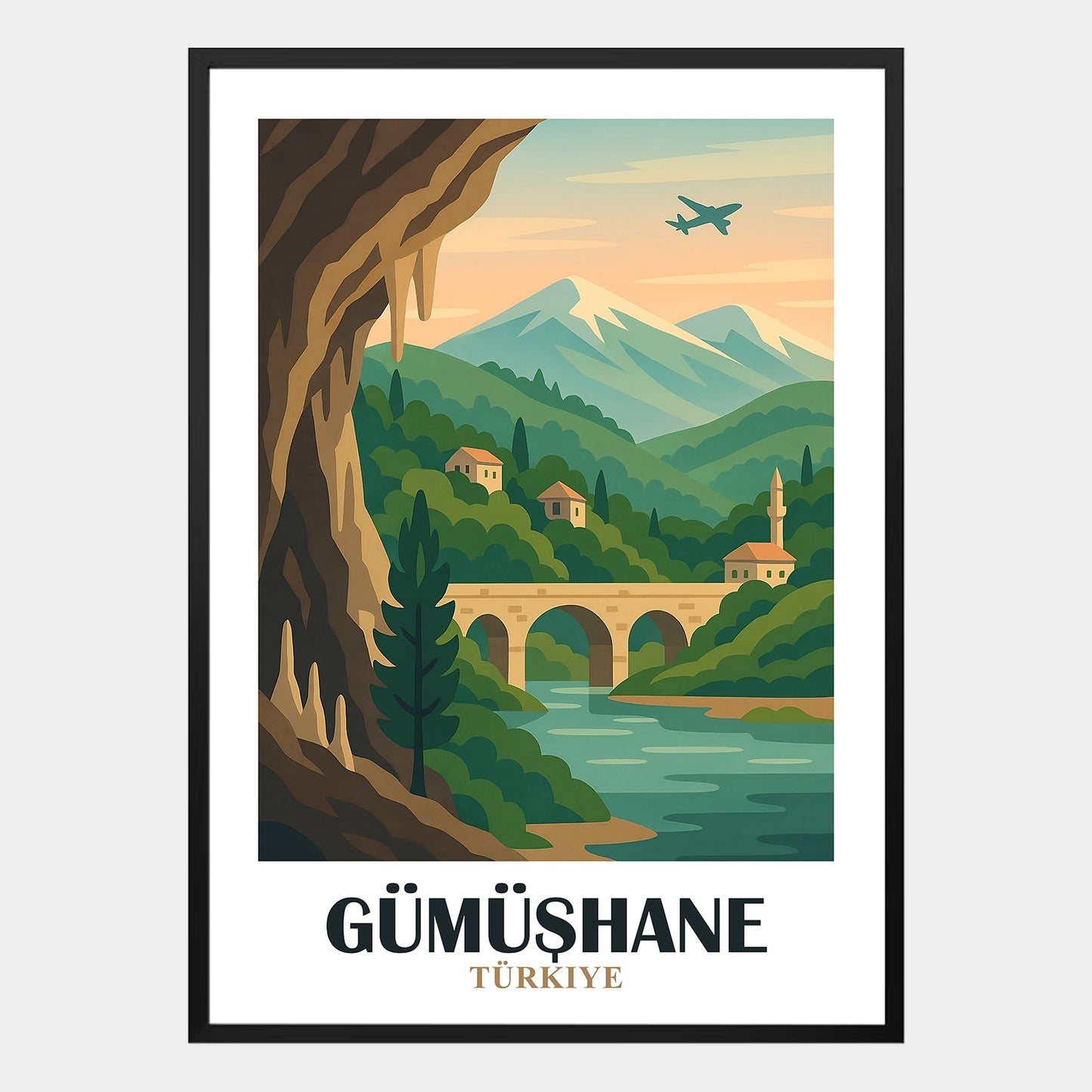 Gümüshane Poster mit Brücke über Fluss, traditionellen Häusern, Minarett und Bergen im Hintergrund, malerisches Landschaftsbild Türkei