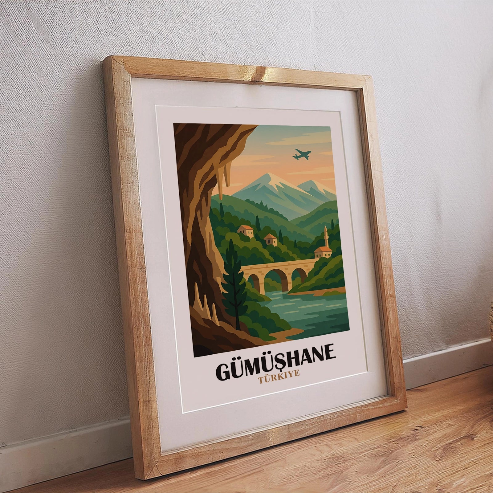 Modernes Gümüshane Wandposter Türkei mit Gebirgslandschaft, Steinbrücke, grünen Hügeln und kleinen Dörfern, dekorativer Kunstdruck