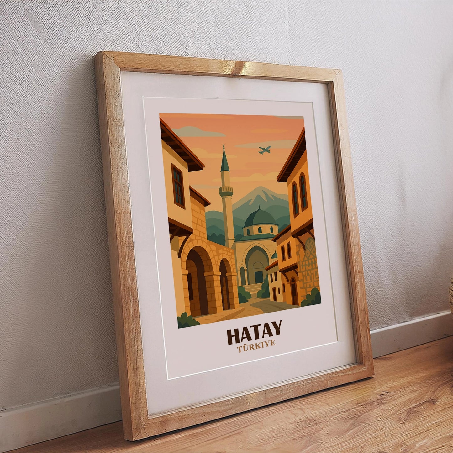 Modernes Hatay Wandposter Türkei mit historischer Architektur, Kuppelmoschee, traditionellen Häusern und Berglandschaft, stilvoller Kunstdruck
