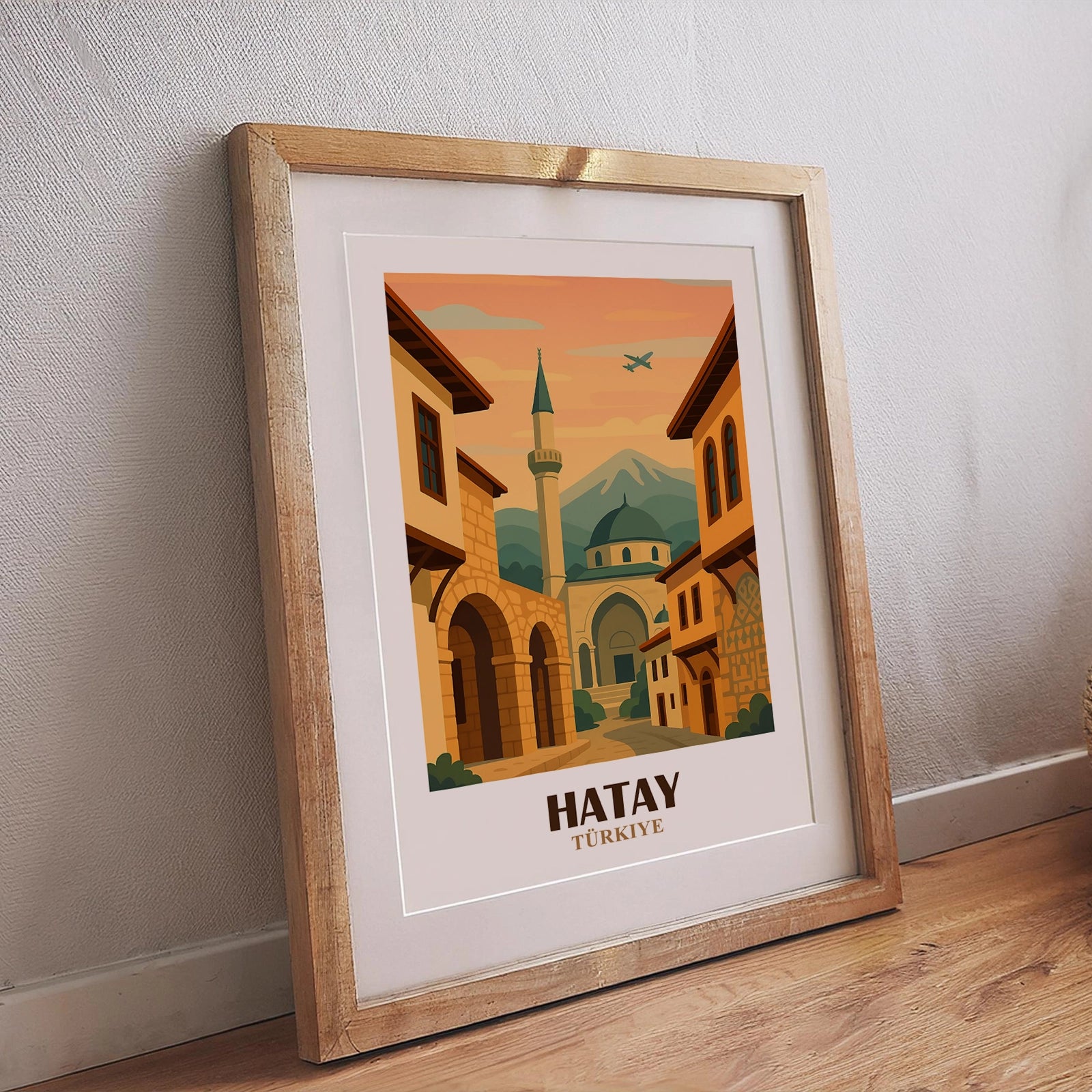 Modernes Hatay Wandposter Türkei mit historischer Architektur, Kuppelmoschee, traditionellen Häusern und Berglandschaft, stilvoller Kunstdruck