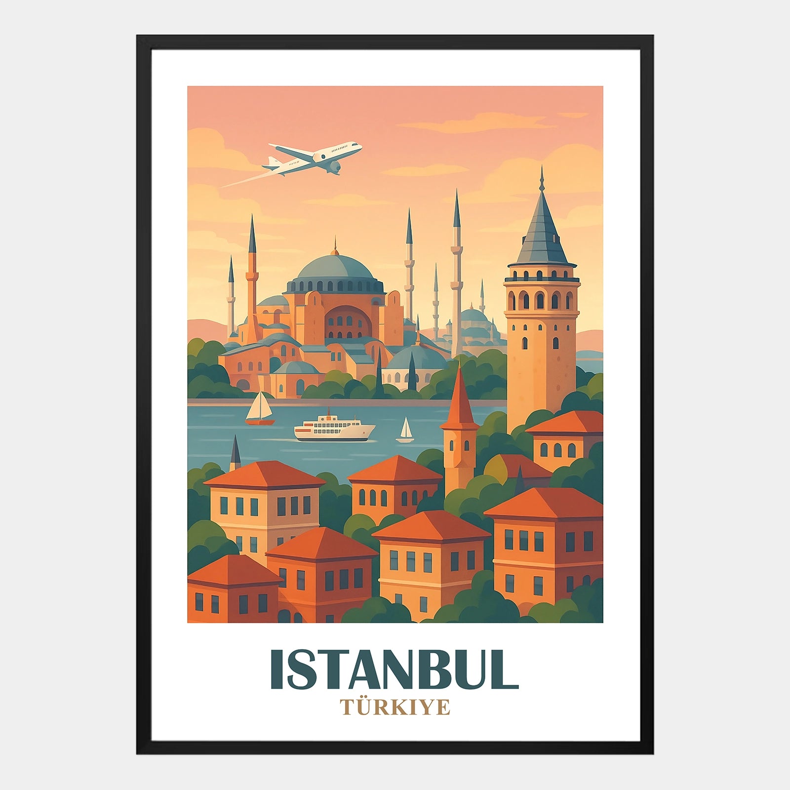 Istanbul Poster im Retro-Stil mit Blick auf Bosporus, Moscheen und historischen Wahrzeichen – ikonisches Städteposter mit orientalischem Charme